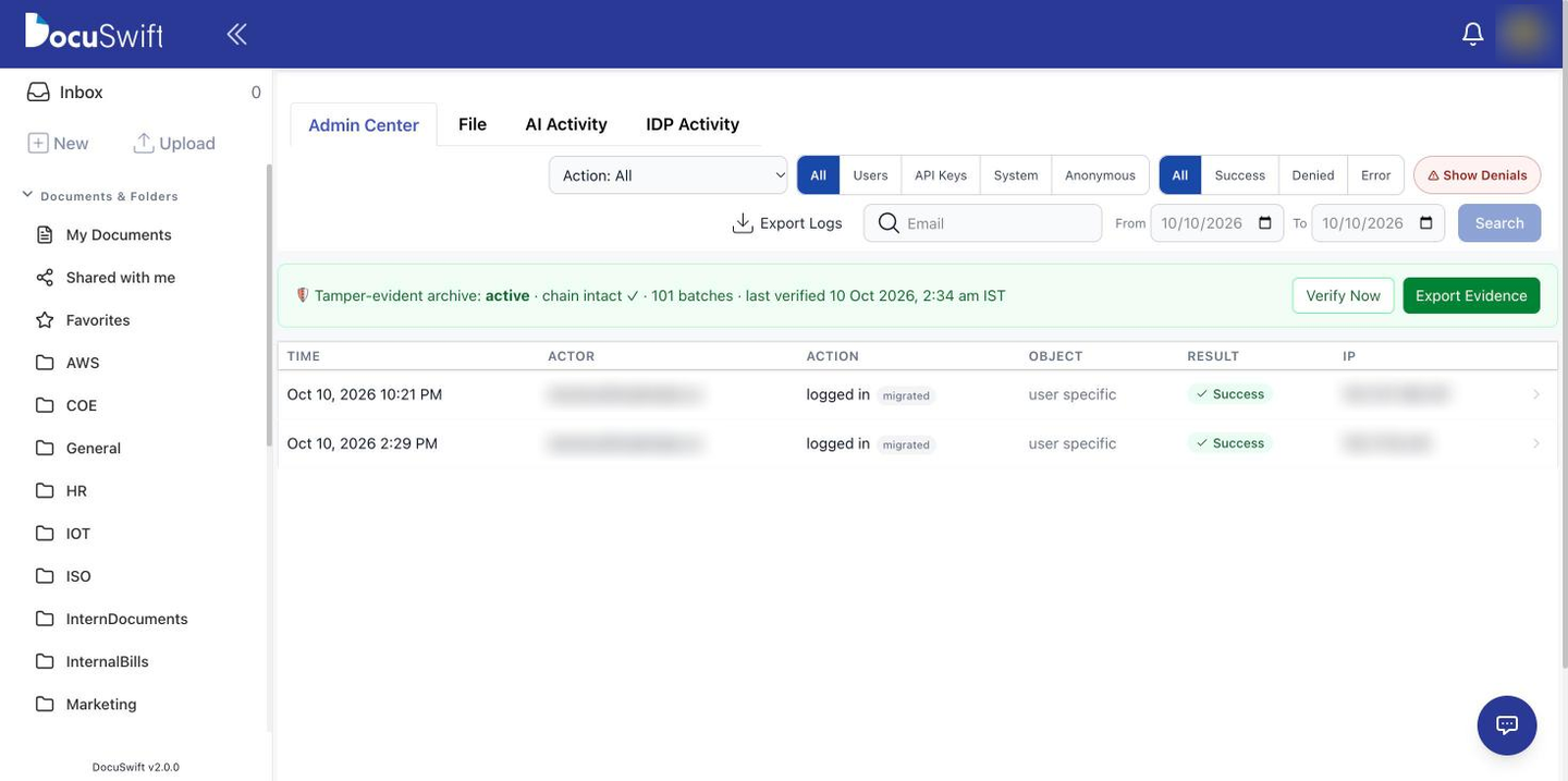 DocuSwift audit log showing tamper-evident archive status and recorded events