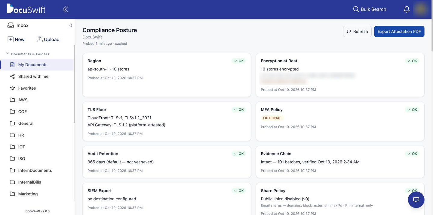 DocuSwift compliance posture dashboard with control cards and an Export Attestation PDF button