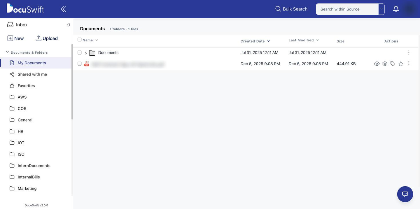 DocuSwift document browser with sources for each department, nested folders, bulk search and a document list