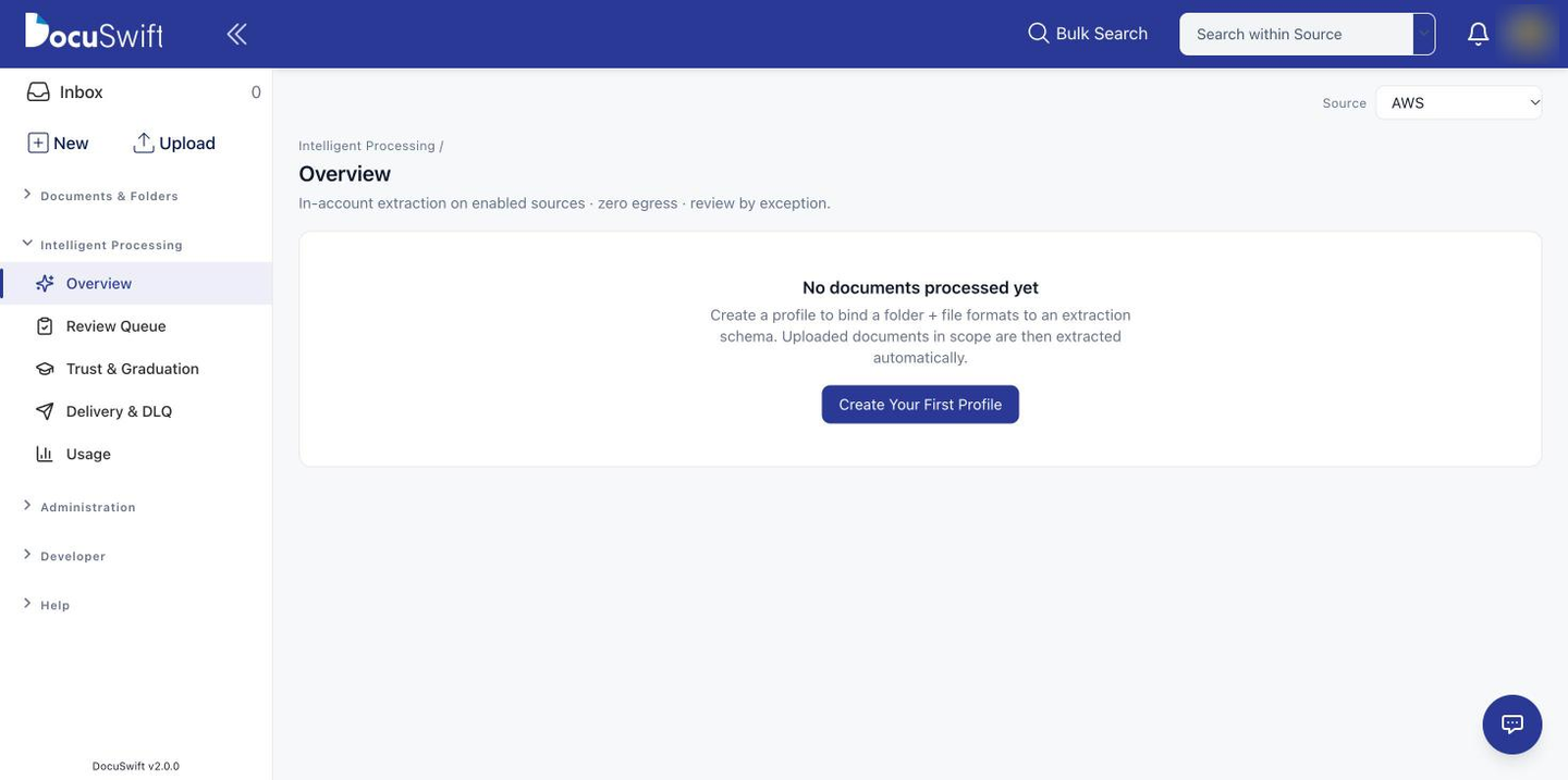 DocuSwift Intelligent Processing overview with review queue, trust and delivery navigation