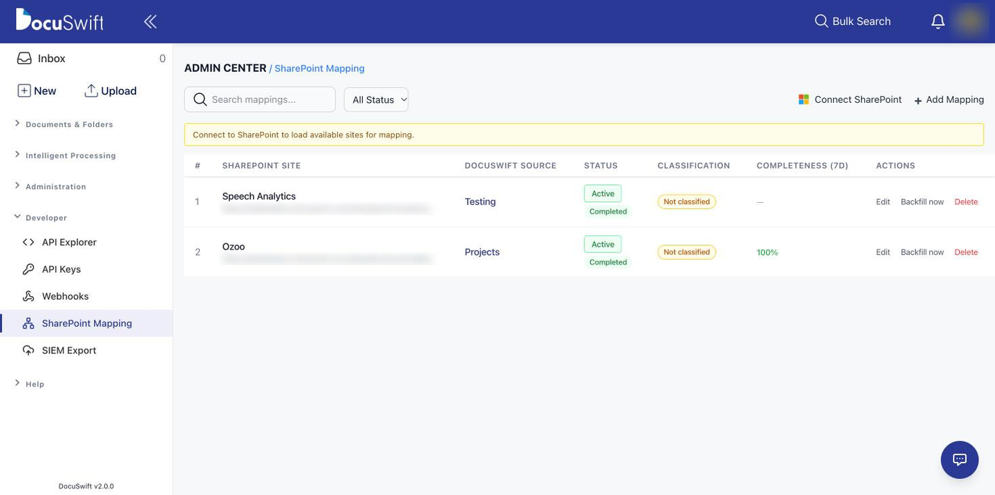 DocuSwift SharePoint mapping screen listing synced sites