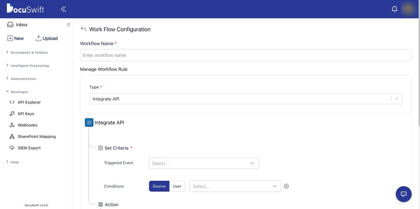 DocuSwift workflow editor configuring an Integrate API rule
